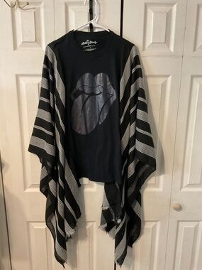 Rolling Stones Upcycled Graphic T-Shirt with Flowy Striped Sleeves - OSFM